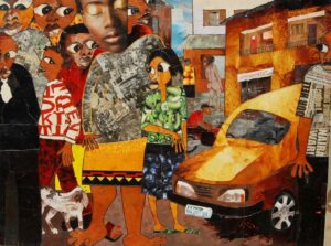 Chike Obeagu 'City Scape and City Dwellers' 2013 mixed media 8x6 ft image: courtesy of the artist