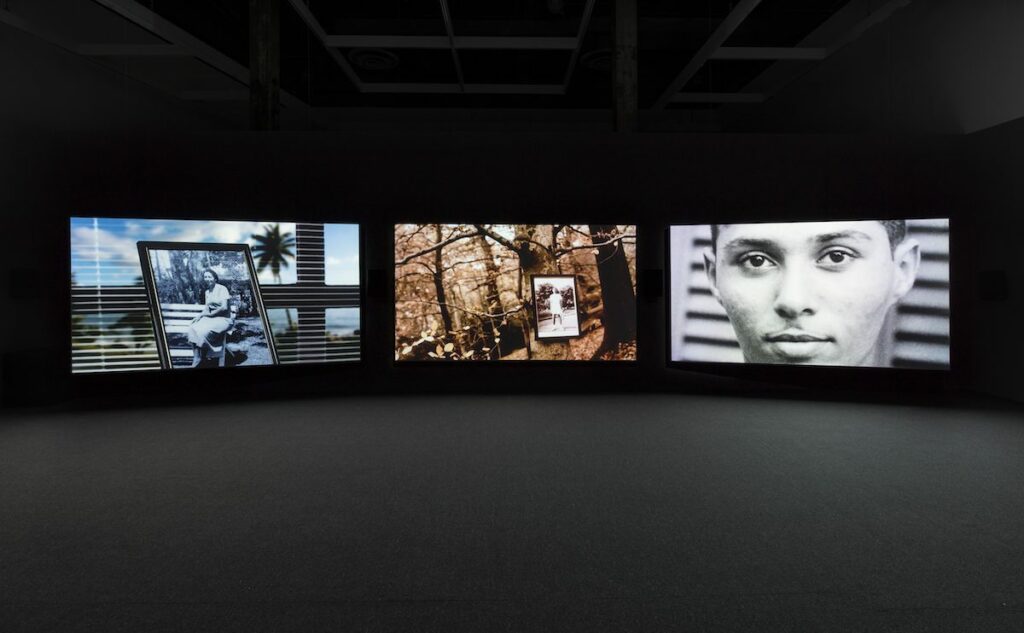 John Akomfrah, The Unfinished Conversation, 2012. Collection of the Tate: Jointly purchased by Tate and the British Council, 2013. Installation view: The Power Plant, 2015. Courtesy the artist; Smoking Dogs Films; and Carroll Fletcher, London. Photo: Toni Hafkenscheid