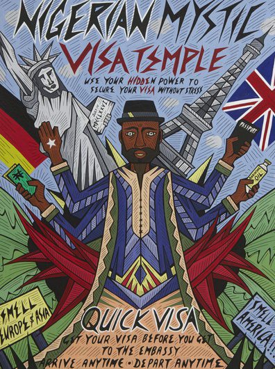 Karo Akpokiere, Nigerian Visa Mystic Empire, 2013. Gouache and ink on 300gms watercolour paper. 16