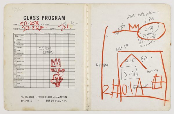 Jean-Michel Basquiat, Untitled Notebook (inside cover), 1980?81. Mixed media on board, 9 5/8 x 15 in. (24.5 x 38.1 cm). Collection of Larry Warsh. Copyright © Estate of Jean-Michel Basquiat, all rights reserved. Licensed by Artestar, New York. Photo: Sarah DeSantis, Brooklyn Museum