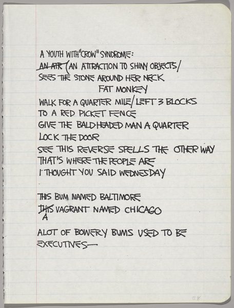Jean-Michel Basquiat, Untitled Notebook Page, 1980?-1981. Ink marker on ruled notebook paper, 9 5/8 x 7 5/8 in. (24.5 x 19.4 cm). Collection of Larry Warsh. Copyright © Estate of Jean-Michel Basquiat, all rights reserved. Licensed by Artestar, New York. Photo: Sarah DeSantis, Brooklyn Museum