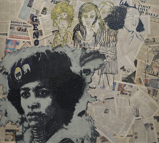 Sophia Dawson, Sistahz, 2015, Acrylic and collage on canvas, 64 x 72 inches. Courtesy of the artist