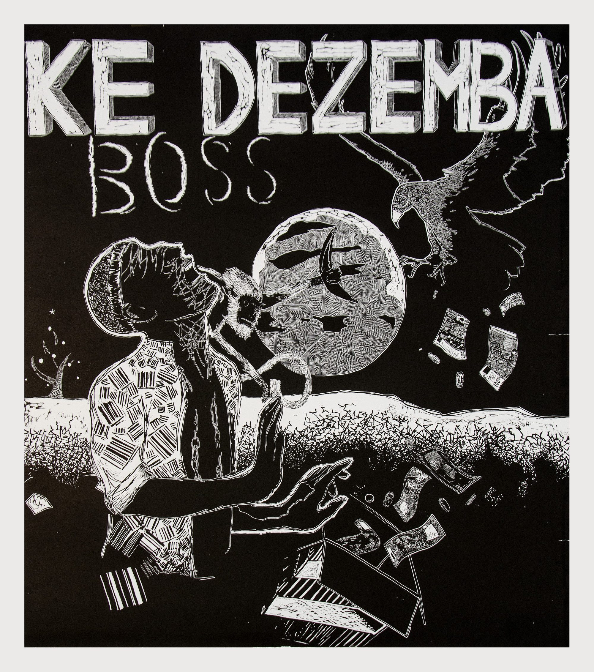 Nathaniel Sheppard, Ke Dezemba Boss, 2015, Linocut on paper, 103 × 88 cm, artist's collection, Weltkulturen Museum, Photo: Wolfgang Günzel