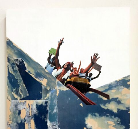 EJ Hill, Surrendered (A Harrowing Descent), 2016. Acrylic, collage, and photo transfer on birch panel. Courtesy of the artist and the Studio Museum in Harlem