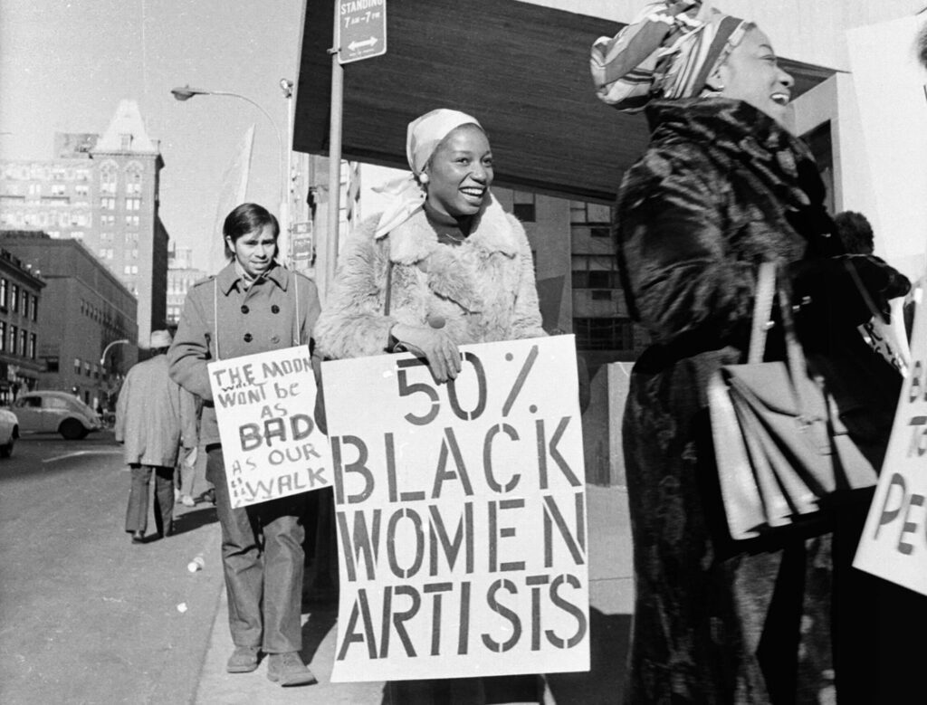Jan van Raay (American, born 1942). Faith Ringgold (right) and Michele Wallace (middle) at Art Workers Coalition Protest, Whitney Museum, 1971