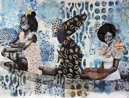 Delita Martin, Night Travelers, 2016, Gelatin printing, conte, collage, fabric, hand-stitching, and decorative paper, 6’x12.5' , Loan from Delita Martin and Galerie Myrtis 