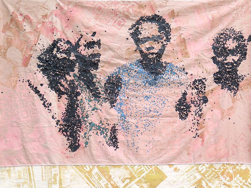Revolution dit les 4 fantastiques Mixed media on silk-screen printed fabric, 142 x 152 cm, 2017, © Yéanzi