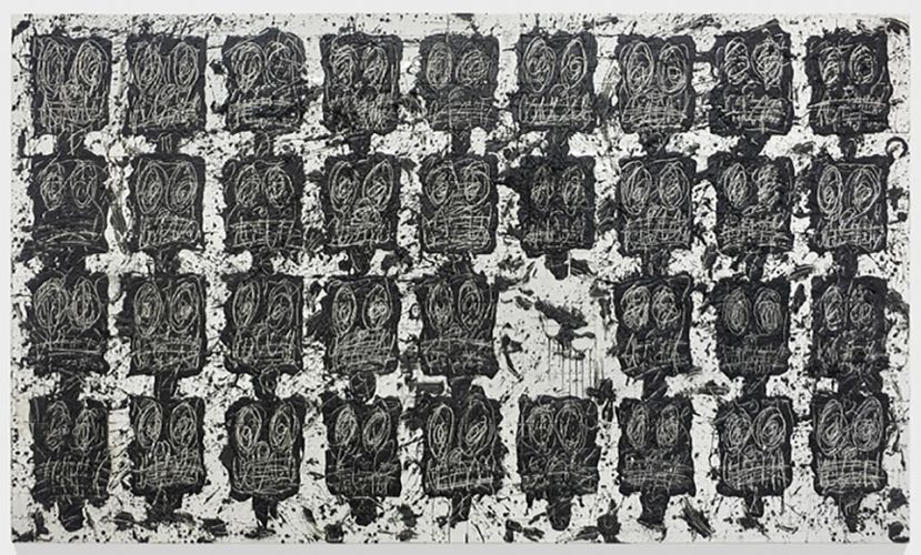 

    Untitled Anxious Audience, 2016, white ceramic tile, black soap, wax, 95 1/5 x 159 x 2 inches; Courtesy the artist and Hauser & Wirth Gallery 

