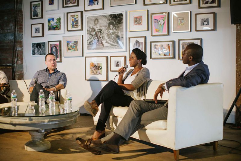 1:54 FORUM 2016. (pictured left to right) Kevin Dumouchelle (National Museum of African Art, Smithsonian Institution), Yesomi Umolu (Reva and David Logan Center for the Arts) and Ugochukwu-Smooth C. Nzewi (Hood Museum of Art, Dartmouth College). © Katrina Sorrentino