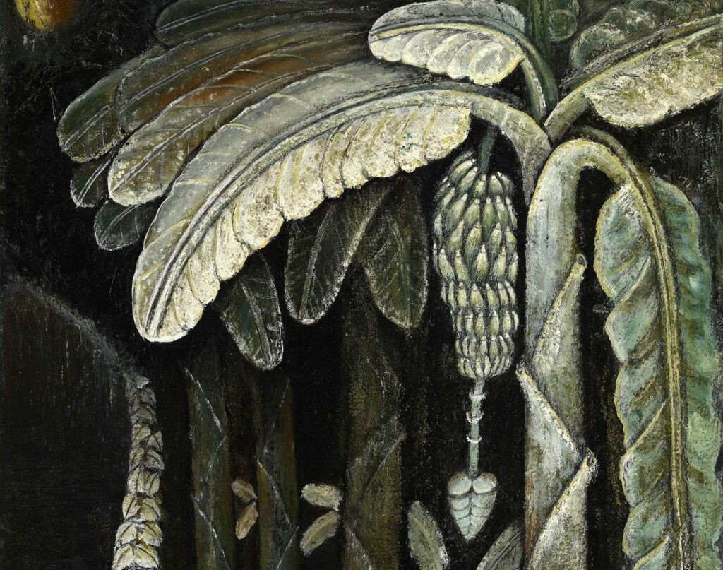 John Dunkley,Banana Plantation (detail), ca. 1945. Mixed media on plywood,  28 x 16 1/2 inches. National Gallery of Jamaica Collection, gift of Cassie Dunkley. © John Dunkley Estate. Photo: Franz Marzouca
