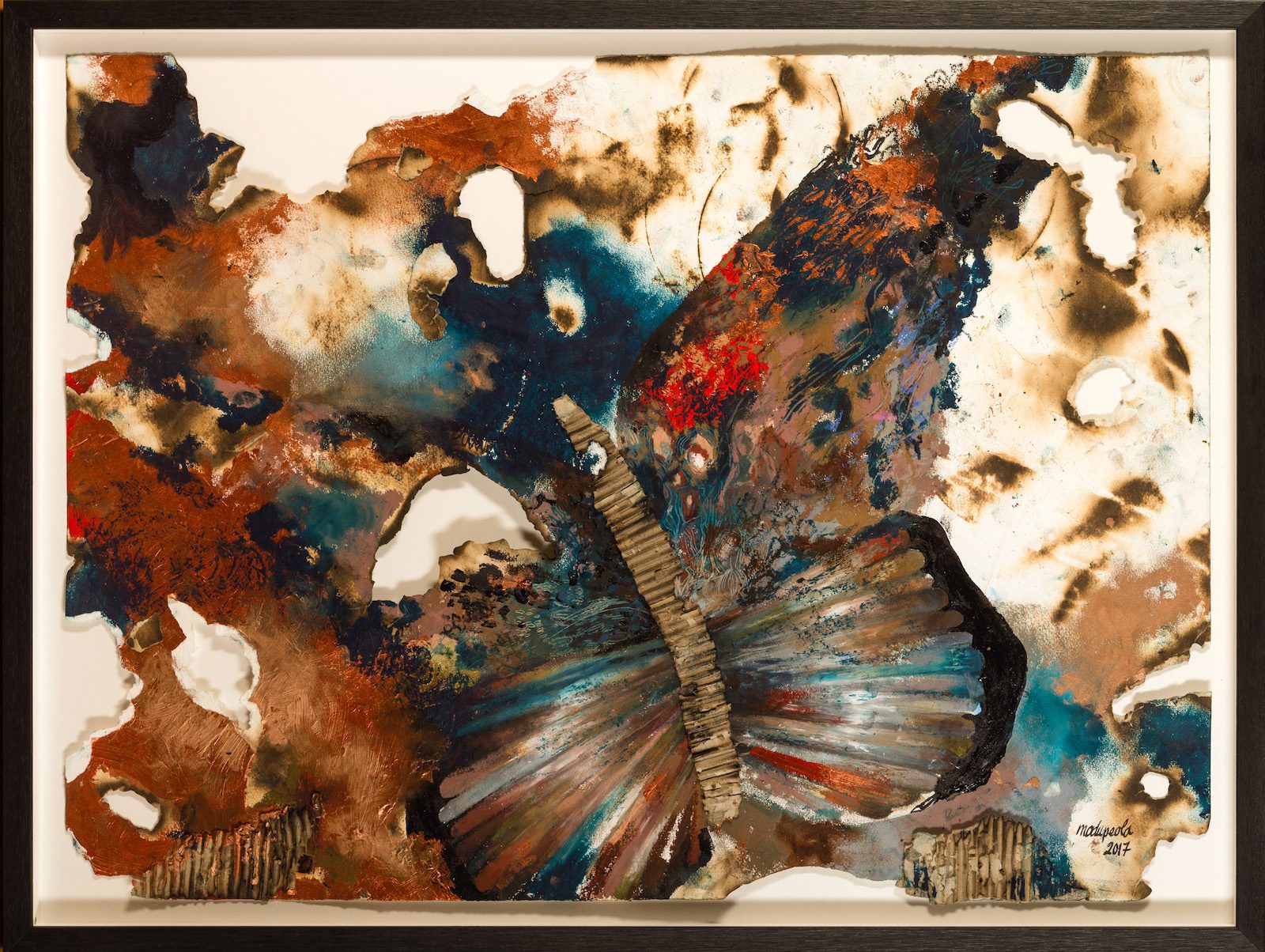 Modupeola Fadugba, Le Papillon: Accra, 2017, acrylic, oil, and ink on burnt paper, 51 x 64 cm. Courtesy of the artist 
