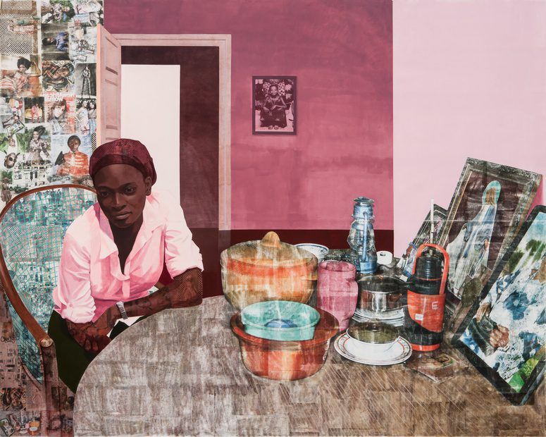Njideka Akunyili Crosby, Mama, Mummy and Mamma (Predecessors #2), 2014, acrylic, color pencils, charcoal, and transfers on paper, 84 x 108 inches, courtesy the New Church Museum, Cape Town, South Africa