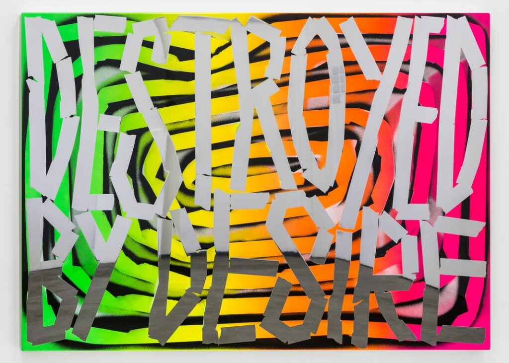 Eddie Peake, Destroyed By Desire, 2014. Lacquered spray paint on polished stainless steel 39 7/16 × 55 1/16 in. (100.2 × 139.9 cm). Collection Museum of Contemporary Art Chicago, gift of Victor and Daniela Gareh, 2016.10. © 2014 Eddie Peake Photo © Eddie Peake (Mark Blower) 