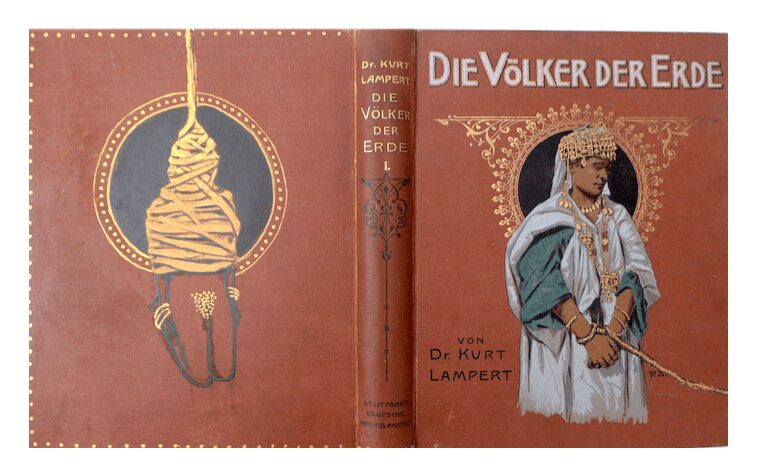 Rajkamal Kahlon. Altered cover of Die Völker Der Erde, by Kurt Lampert, 2017. Ink and gouache on bookcovers. Courtesy the artist.