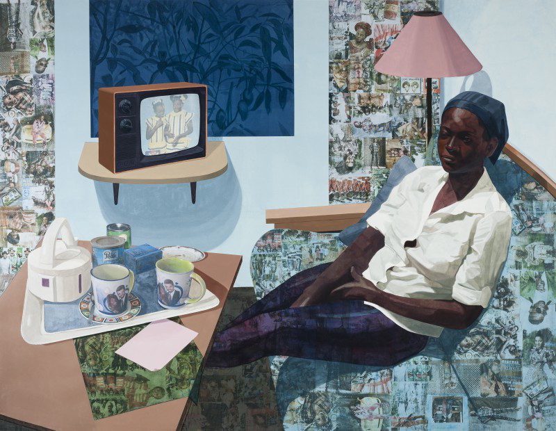 Ndjideka Akunyili Crosby, Super Blue Omo, 2016, Acrylic, transfers, colored pencils, collage on paper, 7 ft. × 9 ft. Courtey the artist.

