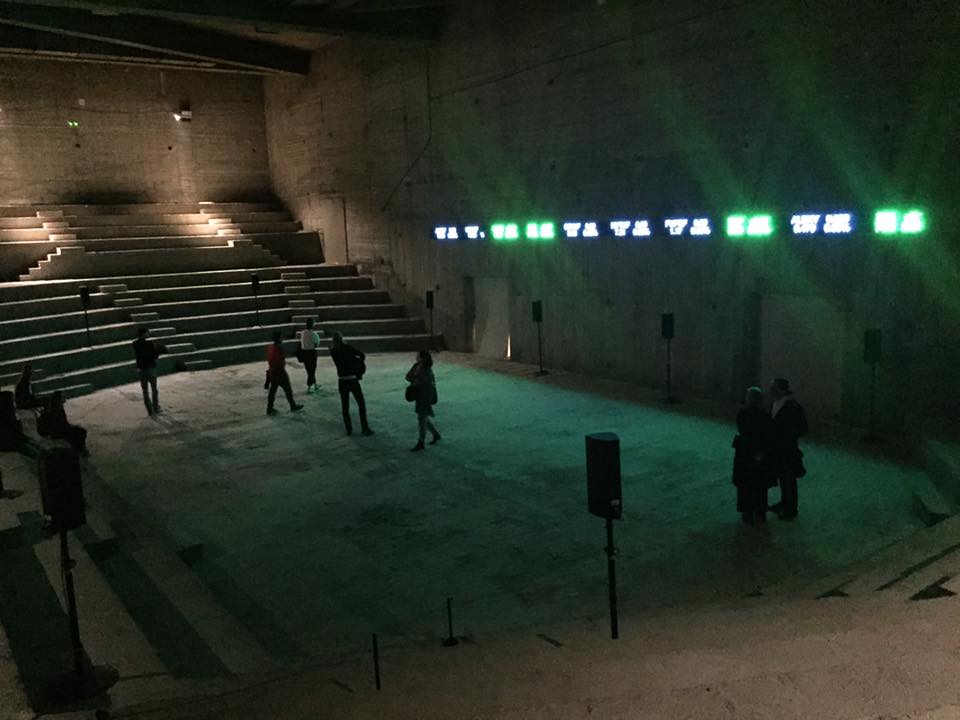 Emeka Ogboh, installation view The Way Earthly Things Are Going (2017). Multichannel sound installation and real-time LED display of world stock indexes. documenta 14 in Athens, 2017. Photo by Marie-Ann Yemsi