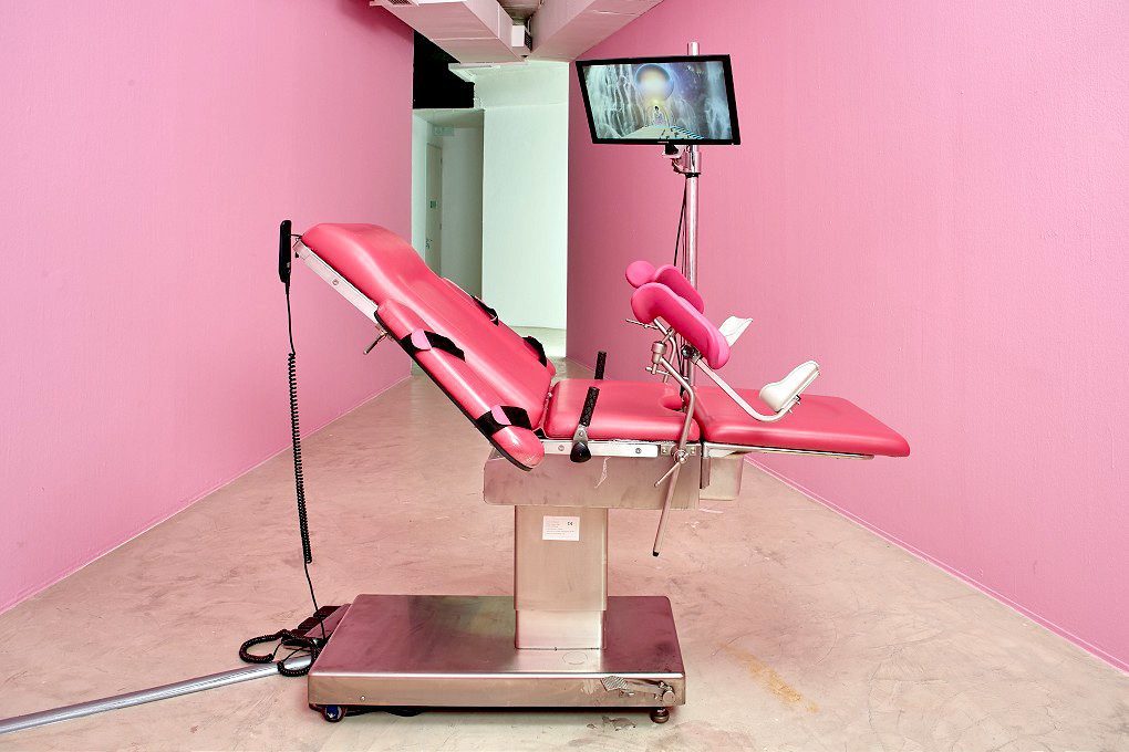 Tabita Rezaire, Sugar Walls Teardom, 2016, Gynaecological chair, mechanical arm, HD video / HD Video / HD video (without gynaelogical chair) Courtesy Goodman Gallery 