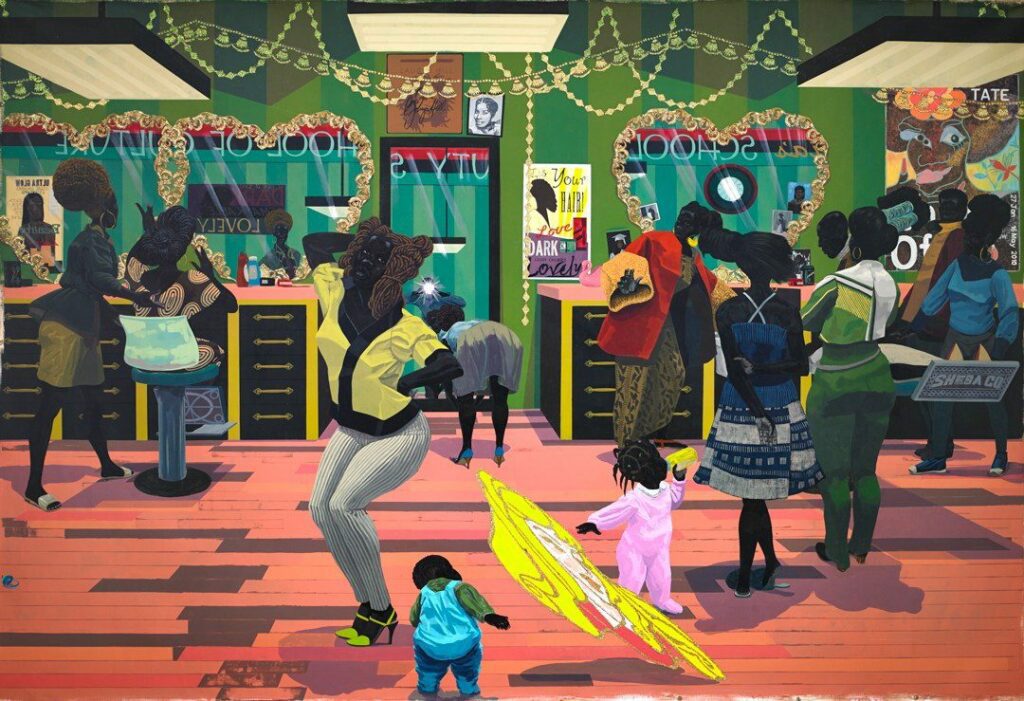 Image: School of Beauty, School of Culture, 2012, Kerry James Marshall, acrylic and glitter on unstretched canvas, 108 x 158 in., Birmingham Museum of Art, Museum purchase with funds provided by Elizabeth (Bibby) Smith, the Collectors Circle for Contemporary Art, Jane Comer, the Sankofa Society, and general acquisition funds, 2012.57, © Kerry James Marshall.