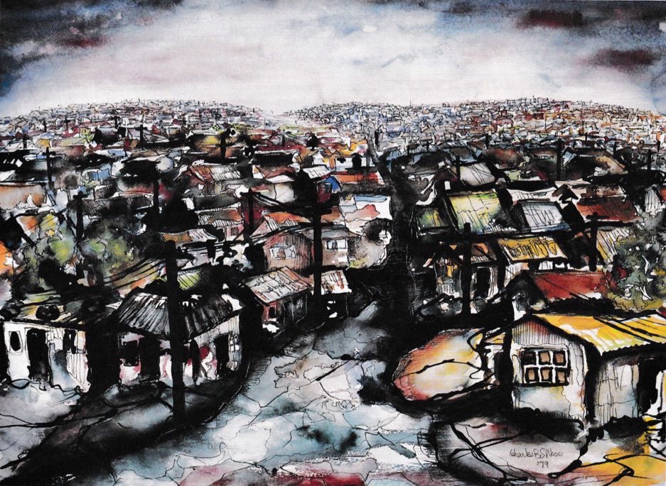 Charles Nkosi. Soweto at dawn, 1979. Watercolor and ink; 42 x 44 cm. Fort Hare University De Beers Collection, taken from De Jager, E.J. 1992. Images of Man: Contemporary South African Black Art and artists, University of Fort Hare Press: Alice, pg 184. © Charles Nkosi.