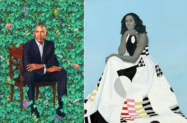 left :Barack Obama by Kehinde Wiley / Oil on canvas, 2018 / National Portrait Gallery, Smithsonian Institution. © 2018 Kehinde Wiley
right: Michelle LaVaughn Robinson Obama by Amy Sherald / Oil on linen, 2018 / National Portrait Gallery, Smithsonian Institution. 