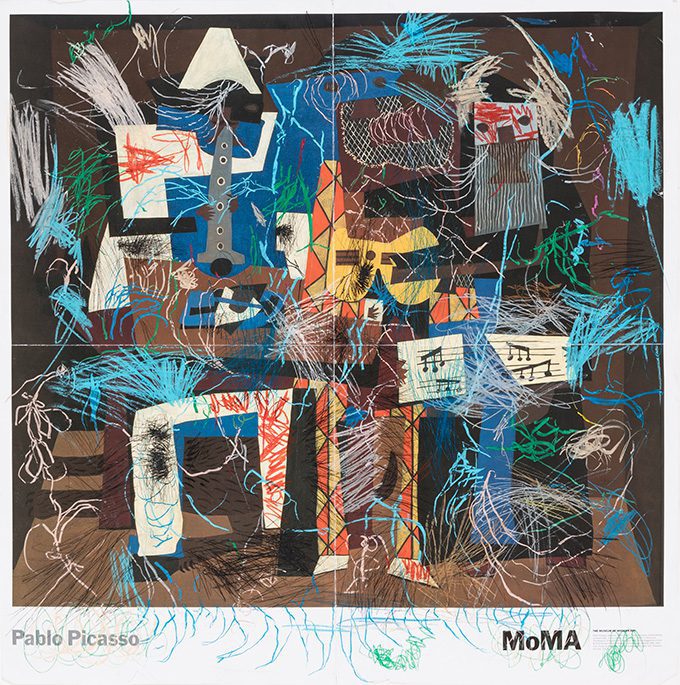 Zander Blom, Three Musicians, 2017, oil pastel on found object, 76 x 76cm