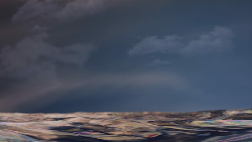 Susan Schuppli, Nature Represents Itself, 2018 (video still). Oil film simulation diagramming hydrocarbon compositions and behavior from both the initial surface slick as well as deep subsurface plumes resulting from the Deepwater Horizon oil spill. CGI simulation. 6:26 minutes (loop). Produced in collaboration with Harry Sanderson. From a mixed-media installation. Dimensions variable. Courtesy the artist
