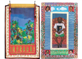 (left) Faith Ringgold, Feminist Series: We Meet the Monster, 1972. Acrylic on canvas framed in cloth 12/20, 127 x 83 cm. (right) Faith Ringgold, Marlon Riggs: Tongues Untied, 1994. Storyquilt, 226 x 151 cm. Both images courtesy the artist and Weiss Berlin
