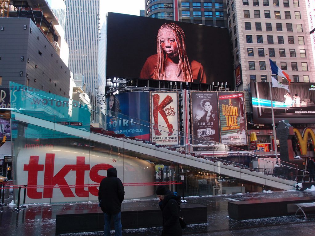 Martine Syms, Lesson LXXV, 2017, digital video, on view at Times Square, New York during the exhibition Commercial Break, curated by Public Art Fund, Courtesy of the artist and Bridget Donahue Gallery