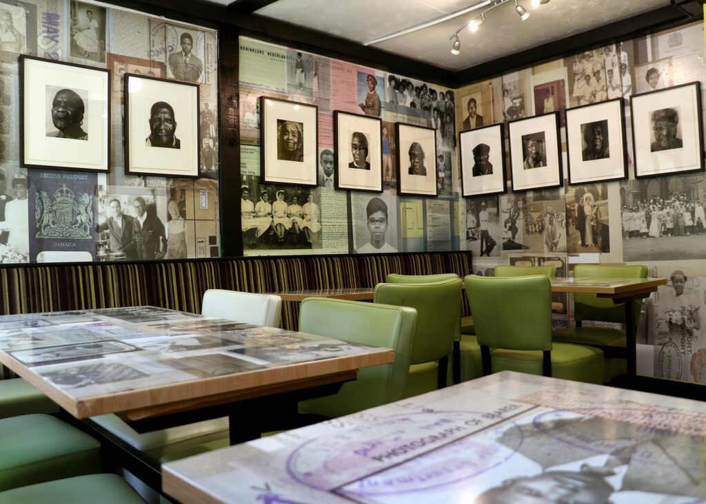 Photo etchings of Alford Gardner Empire Windrush passenger, Lenore Sykes, Alton Watkins, Tina Aparicio, Don Sydney, Gloria Whyte, Hamilton Williams, Nell Green, Carlton Darrell, Carol Sydney. Site specific Art and sound installation detail from SS Caribbean Cafe.. © EVEWRIGHT all rights reserved 2018