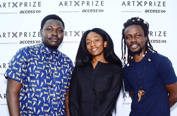 Prizewinner Bolatito Aderemi-Ibitola (cnter) with Finalists, Ayo Akinwande (right) and Williams Chechet (left). Image: courtesy of Art X Lagos
