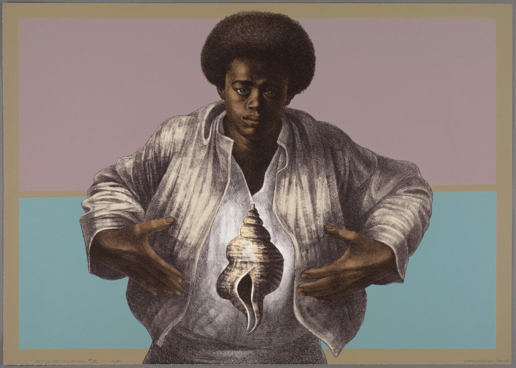 Charles White. Sound of Silence. 1978. Printed by David Panosh, Published by Hand Graphics, Ltd. Color lithograph on paper. 25 1/8 × 35 5/16″ (63.8 × 89.7 cm)
The Art Institute of Chicago. Margaret Fisher Fund. © 1978 The Charles White Archives