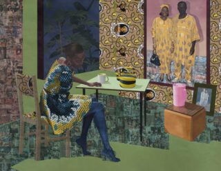 NJIDEKA AKUNYILI CROSBY, “Dwell: Aso Ebi,” 2017 (acrylic, transfers, colored pencil, collage and commemorative fabric on paper, 10.33 ft. × 8 ft.). | via Victoria Miro