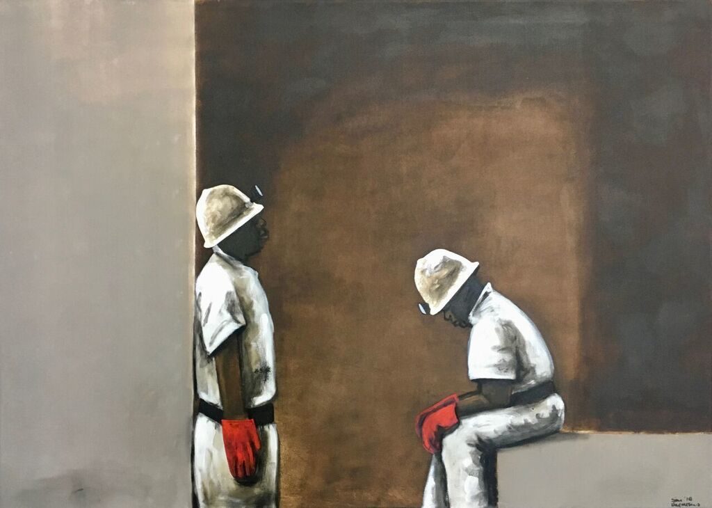 Sam Nhlengethwa
Waiting for a friend I
2018 Mixed media on canvas, Work: 80 x 90 cm
Unique
