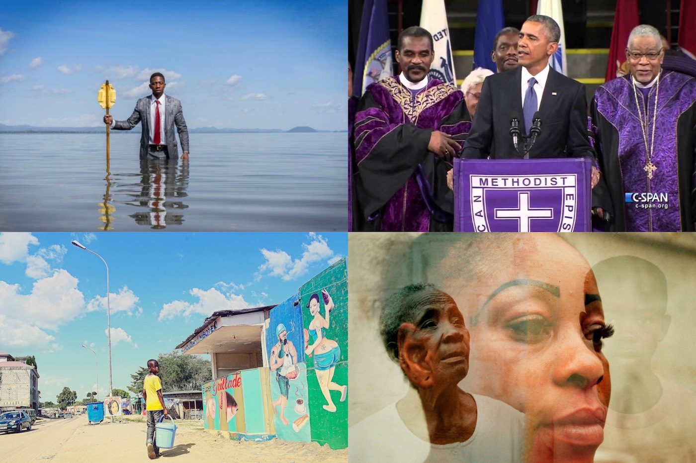 (bottom right): ZED, Présence absence, 2018. Courtesy the artist / (top right) Arthur Jafa, Love Is The Message, The Message Is Death (still), 2016, single-channel video (color, sound), 7:30 minutes, courtesy of the artist and Gavin Brown’s enterprise, New York/Rome./ (bottom left) ZED, Couleurs de Brazza, 2018. Courtesy the artist. / (top left) Ozhope Collective, “Row” (2018), Courtesy of the Collective.

