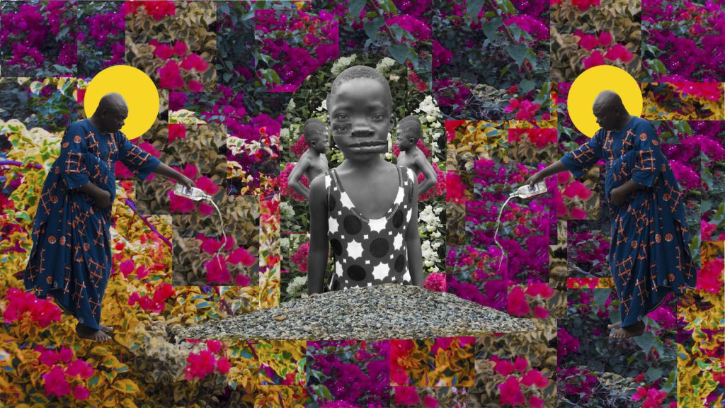 Damon Davis , Libations For Those We Sold , 2018 62 x 35 in. Digital Collage. Image courtesy of PRIZM Art Fair