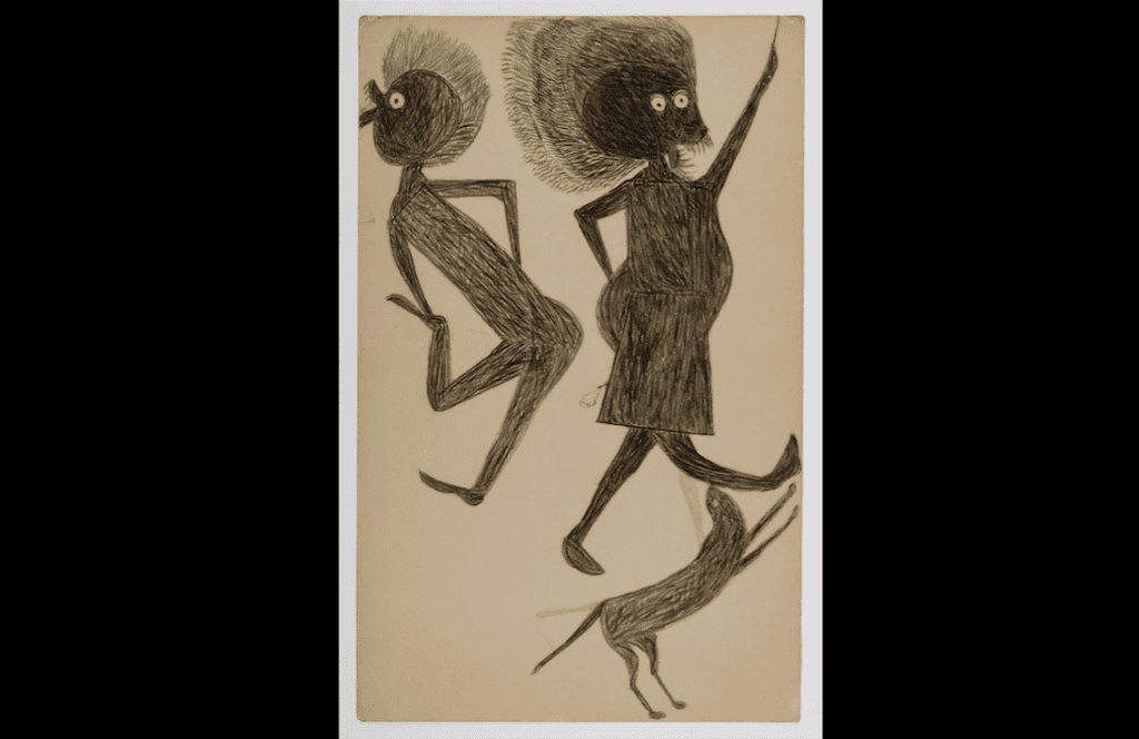 Bill Traylor, Untitled (Man, Woman, and Dog), 1939, crayon and pencil on paperboard. Smithsonian American Art Museum; Gift of Herbert Waide Hemphill, Jr., and museum purchase made possible by Ralph Cross Johnson© 1994, Bill Traylor Family Trust.Photo by Mindy Barrett