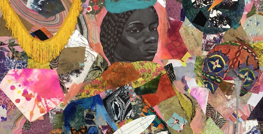 Jamea Richmond-Edwards, Black Gators with the Diamonds (detail), 2019. Ink, acrylic, rhinestones, faux fur, fabric, glitter, and mixed media collage on canvas, 6 x 4 ft. Courtesy of the artist