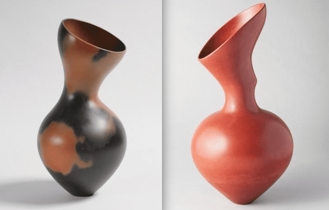 Magdalene Odundo, (left)
Asymmetrical Betu II,  2010. Red clay, carbonized and multi-fired, 53 x 27 cm, signed under base. (Right) Assymetrical Series, 2017. Terracotta vessel, 24.5 x 12.5 inches {62.23 x 31.35 cm}. Both images courtesy of Anthony Slayter-Ralph.