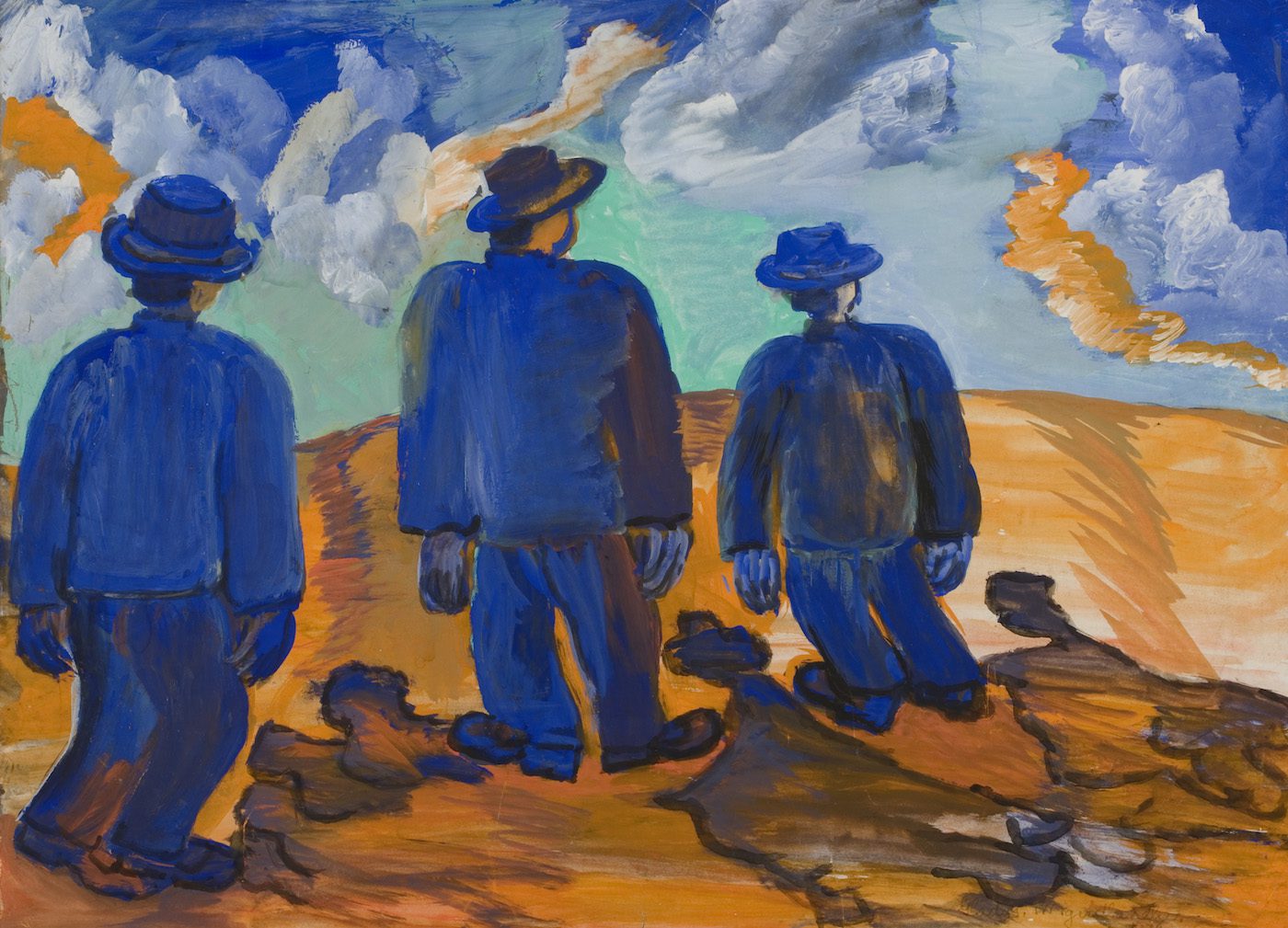 Gladys Mgudlandlu, Three men in blue, not dated. Body colour. Courtesy Johannesburg Art Gallery