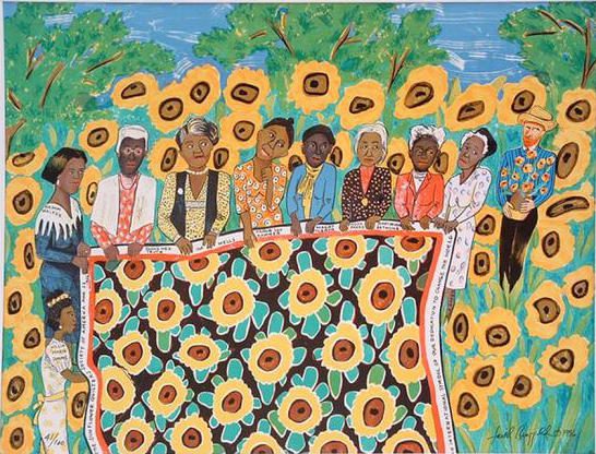 Faith Ringgold: The Sunflower Quilting Bee at Arles, 1996; color lithograph; 20 x 30 in.; BAMPFA, gift of Moira Roth. © 2019 Faith Ringgold, member Artists Rights Society (ARS), NY.