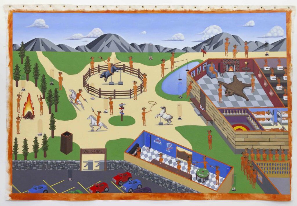 Jake Troyil, High noon at Ranchland®, 2019, oil and graphite on un-stretched cotton canvas, 84 x 126 in. (213.4 x 320 cm). Courtesy of the artist and Monique Meloche Gallery, Chicago. 
