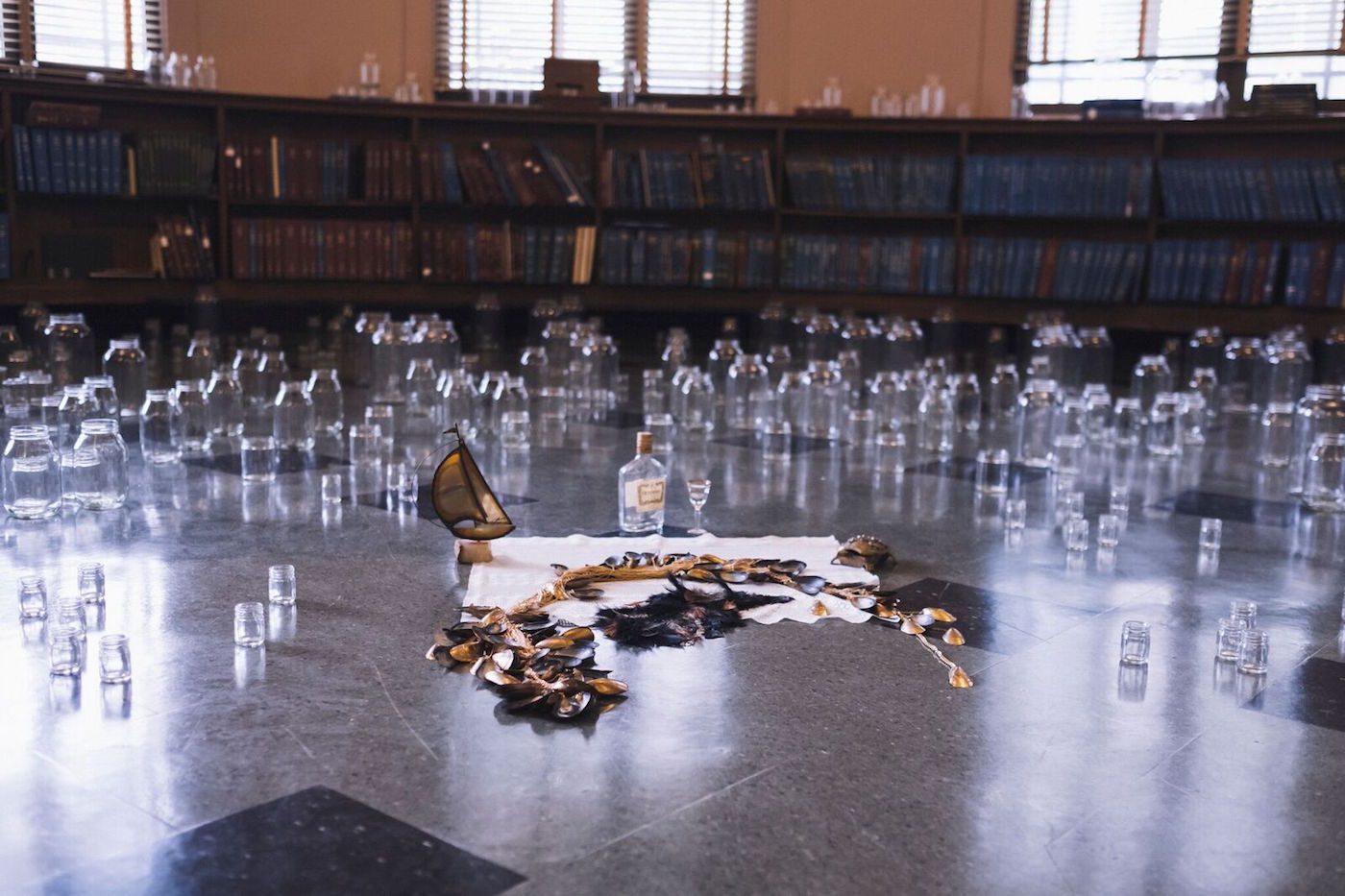 Skillman Library: Bree Gant, Otherlogue, 2019, glass jars, mussels, iron, resin, bees, cowries. Designed and produced on behalf of ifa with support of Contemporary And (C&) and in the in the framework of the German campaign Wunderbar Together – The Year of German-American Friendship https://wunderbartogether.org/about/ , initiated by the German Federal Foreign Office (AA), the Goethe-Institut, and supported by the Federation of German Industries (BDI). Photographer: Kashira Dowridge