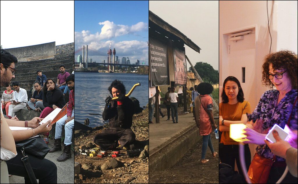From left: Dalit Indigenous Trans Poetry Circle program in New Delhi, India (October 2018). Sto Len's performance program at the Newtown Creek Center of Visual Research, Queens, New York (October 2018). Opening reception for Re-Imaging Futures: A Trans-Nigerian Conversation in Lagos, Nigeria (February 2019). Creating Playable Spaces with Code Liberation program at apexart NYC (April 2019). Image courtesy of apexart.