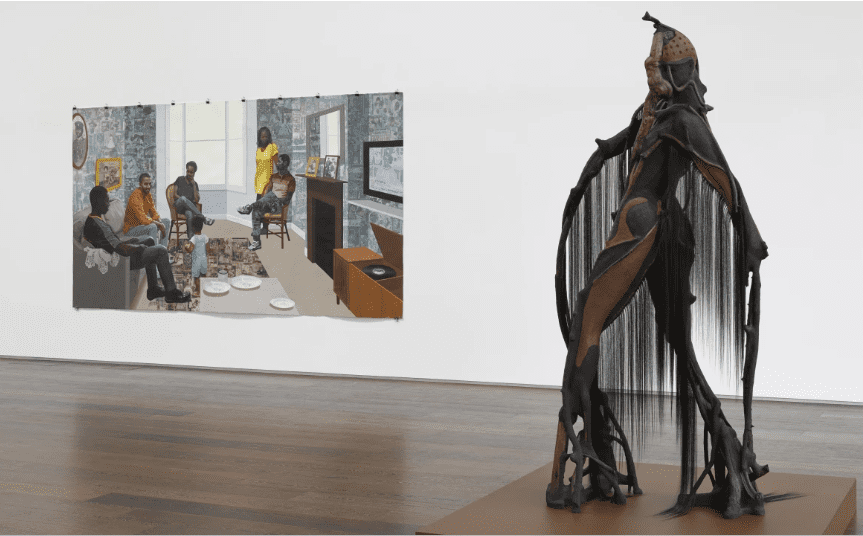 Installation view, Rock My Soul, curated by Isaac Julien. Left to right: Njideka Akunyili Crosby, Remain: Thriving, 2018; Wangechi Mutu, She Walks, 2019. © the artists, courtesy the artists and Victoria Miro, London