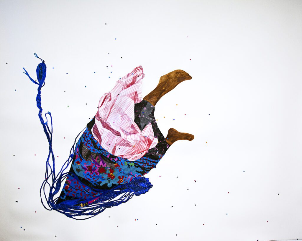 Ngozi Schommers, My Head Under, perforated paper, sequin, design paper, watercolour, ink on Watercolour paper, 150x180cm