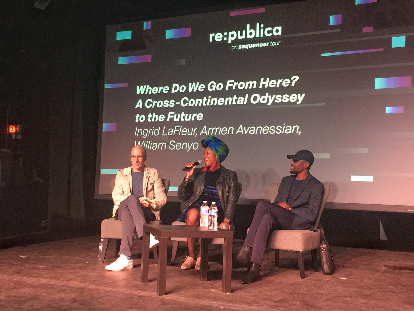 re:publica Sequencer Tour Detroit 2019 with Ingrid LaFleur (center), Armen Avanessian (left), William Senyo (right). Photo: Tash Moore