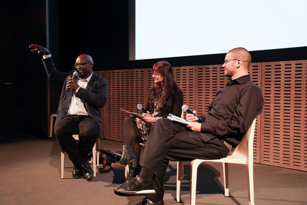 Achille Mbembe, Iberia Pérez González, and Max Jorge Hinderer Cruz in the symposium to mark the 10th anniversary of C-MAP, The Multiplication of Perspectives. Photo: Julieta Cervantes