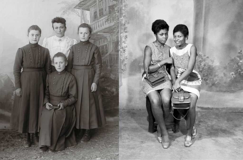 Group portrait of four women: 'Frau Fiorenza'. Photographer Heinrich Lunte, Zurich, around 1910 - 1920. Courtesy of the Swiss National Museum (LM-171207.8).
Right: Two friends or sisters. George photo studio, Douala, 1970s. © George photo studio.