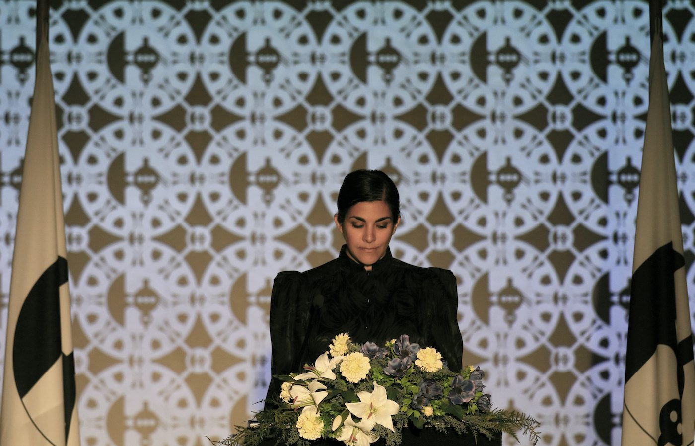 Heba Y. Amin, Operation Sunken Sea: Relocating the Mediterranean, Inaugural Speech, 2018. One channel video 18'21'' . Photo courtesy of the artist.