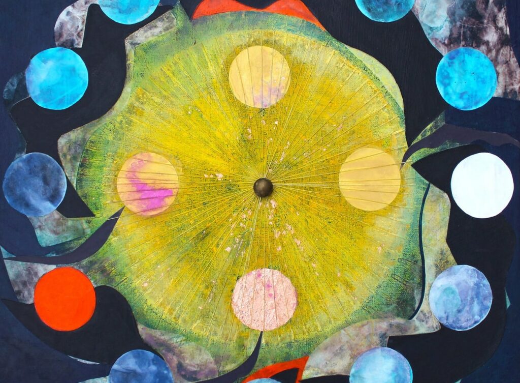 Tiffanie Delune, The Sun Doesn't burn the special ones (Detail), 2019. Acrylic, Oil Pastel, Sewing Threads, Metallic Button, Mixed Papers, Copper Leaf, Bleach And Glue on Stretched Cotton Canvas, 50 x 50cm. Courtesy the artist.